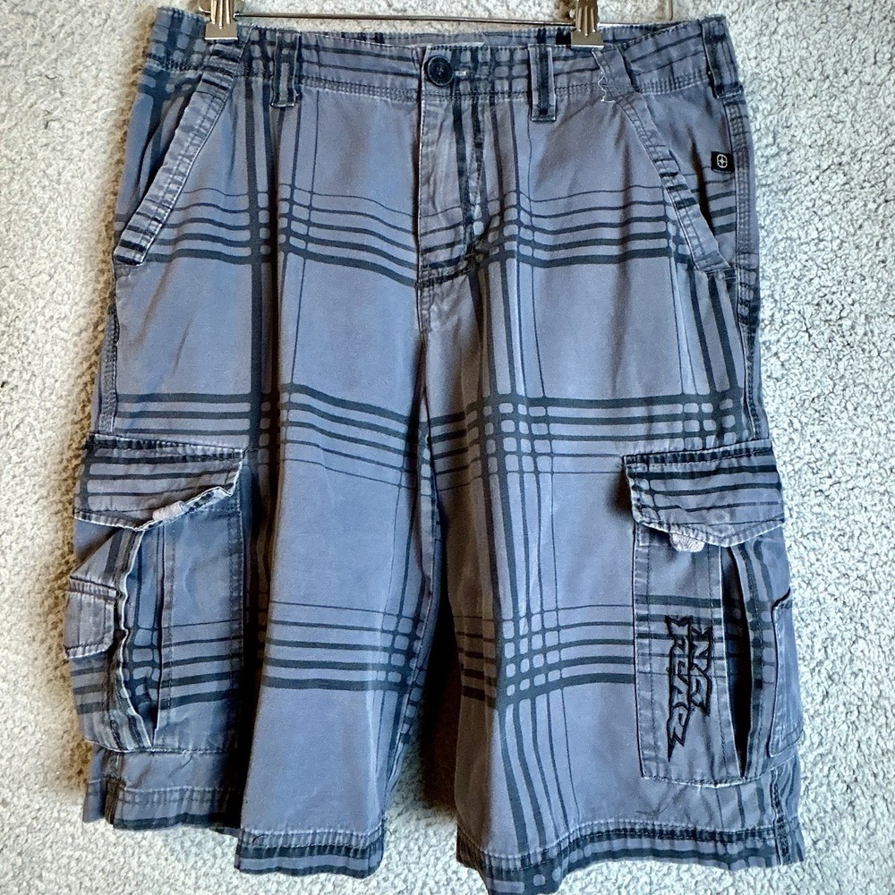 No Fear Plaid Cargo Shorts Y2K Skate Streetwear Blue Black Plaid Size 30